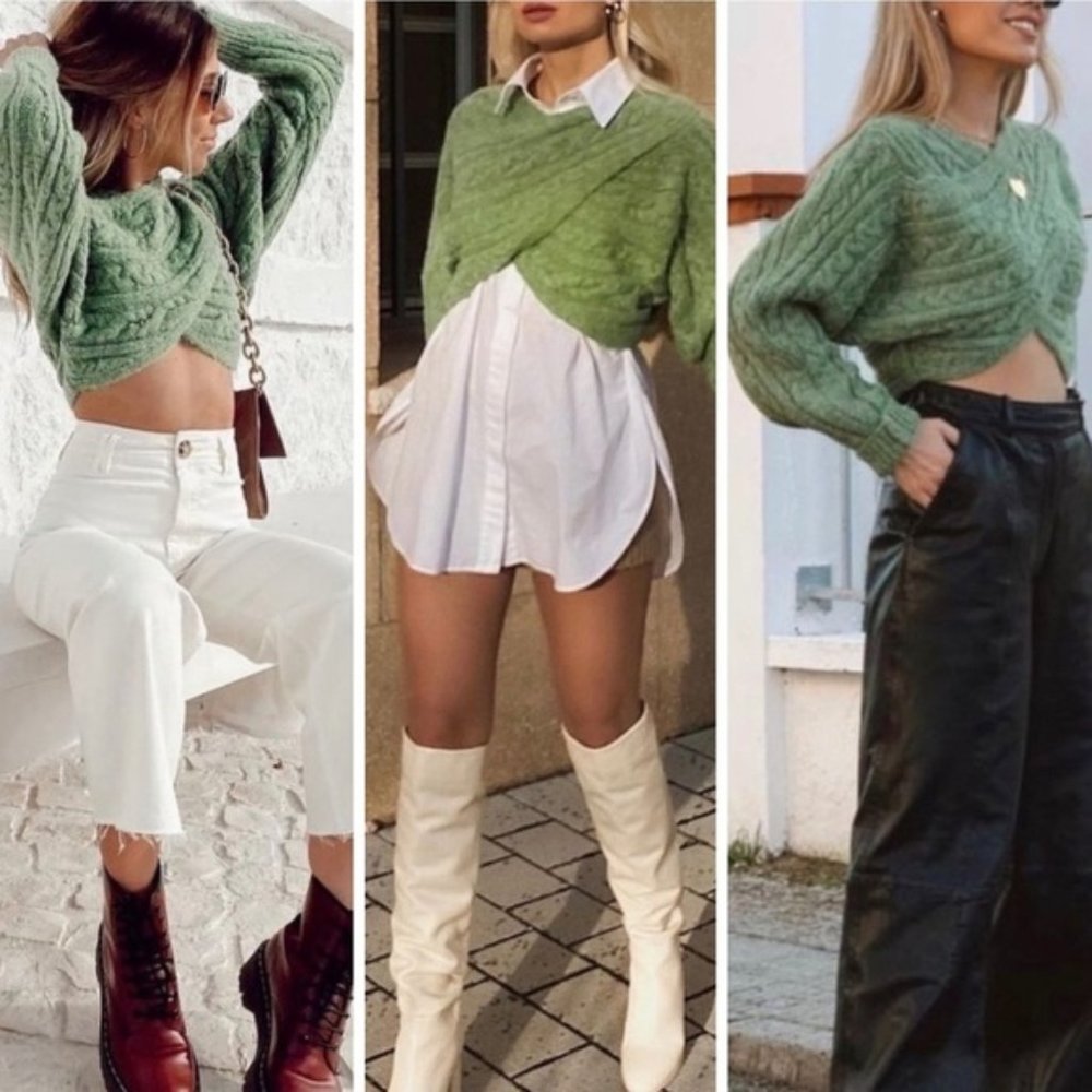 Zara Cable Knit Cropped Scarf Sweater In Green